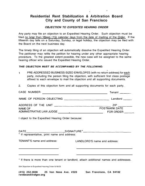 Form 554 Objection to Expedited Hearing Order - City and County of San Francisco, California
