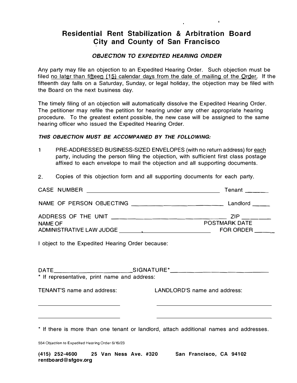 Form 554 Objection to Expedited Hearing Order - City and County of San Francisco, California, Page 1