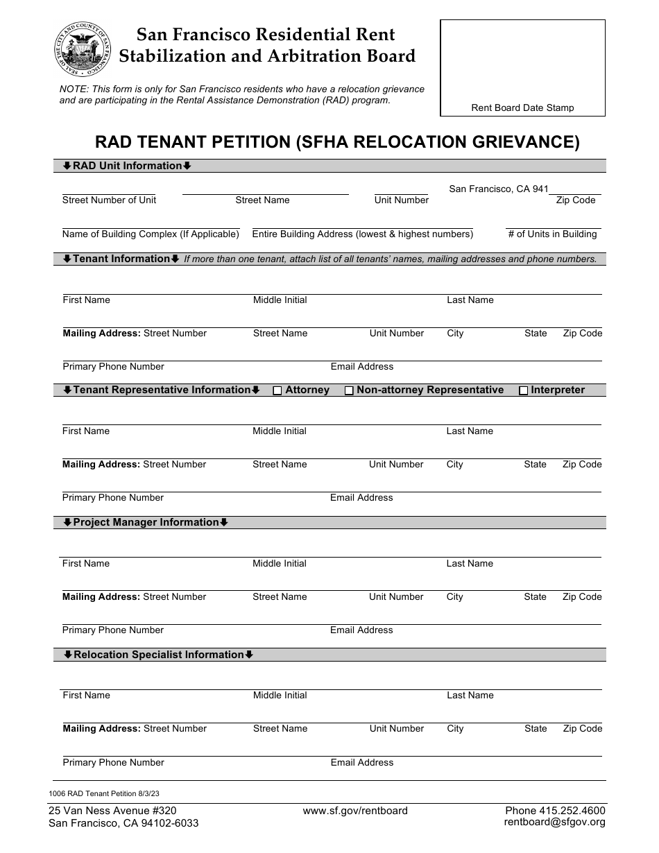 Form 1006 Rad Tenant Petition (Sfha Relocation Grievance) - City and County of San Francisco, California, Page 1