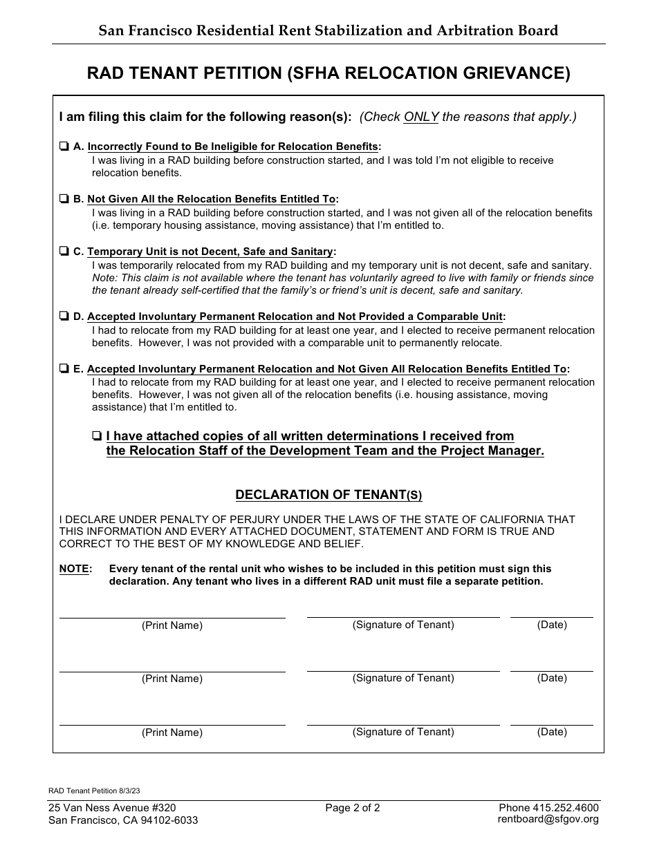 Form 1006 Rad Tenant Petition (Sfha Relocation Grievance) - City and County of San Francisco, California, Page 2