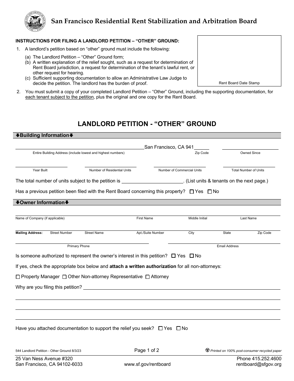 Form 544 Landlord Petition - other Ground - City and County of San Francisco, California, Page 1