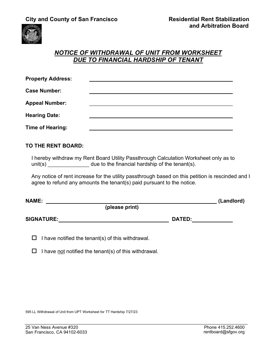 Form 595 Notice of Withdrawal of Unit From Worksheet Due to Financial Hardship of Tenant - City and County of San Francisco, California, Page 1