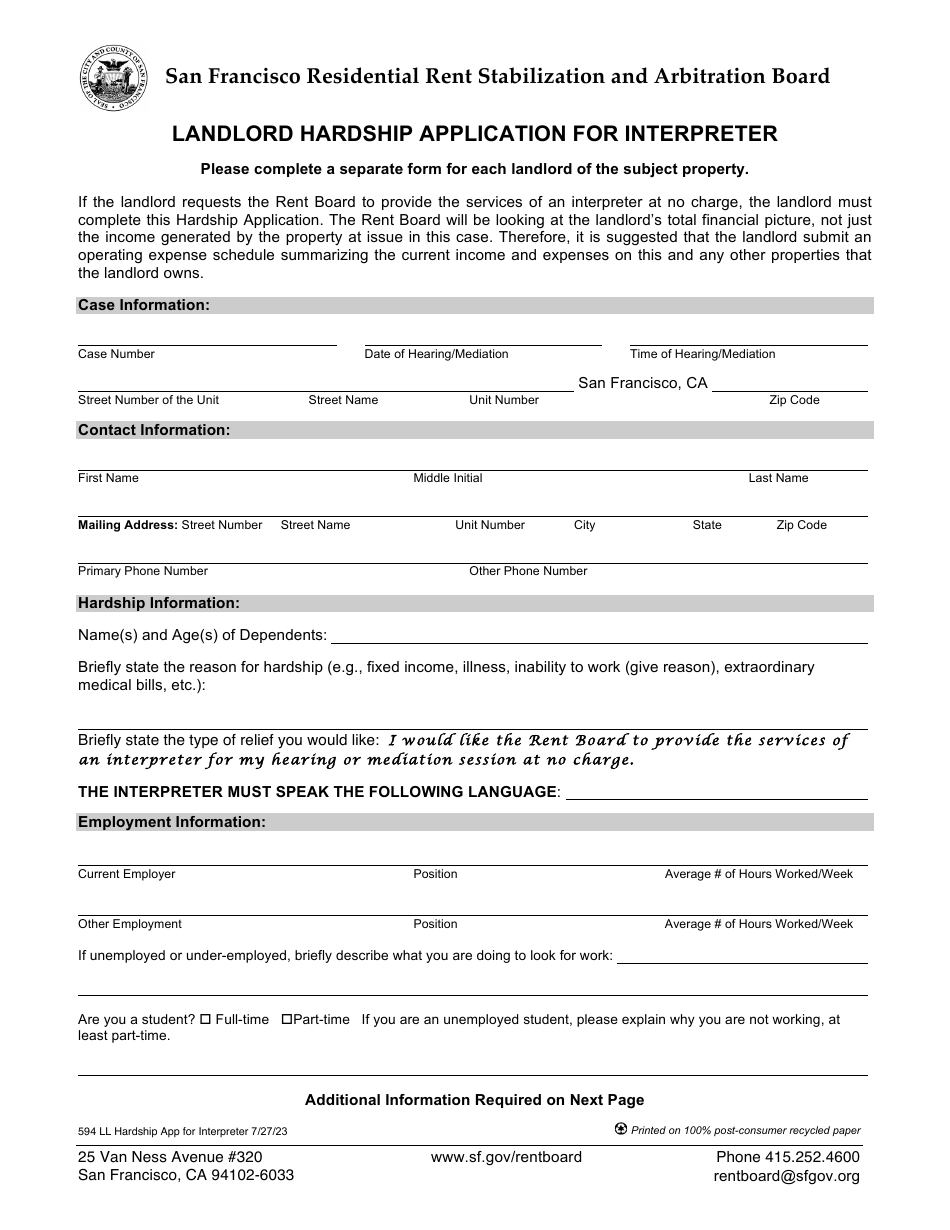 Form 594 Landlord Hardship Application for Interpreter - City and County of San Francisco, California, Page 1