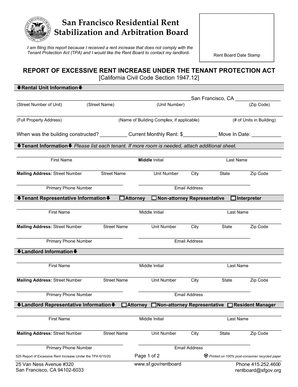 Form 525 Report of Excessive Rent Increase Under the Tenant Protection Act - City and County of San Francisco, California, Page 2