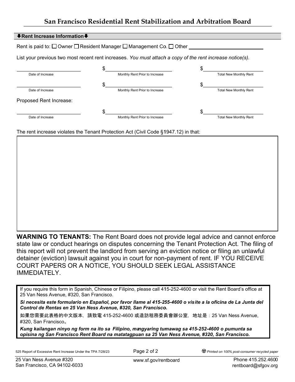 Form 525 Report of Excessive Rent Increase Under the Tenant Protection Act - City and County of San Francisco, California, Page 3