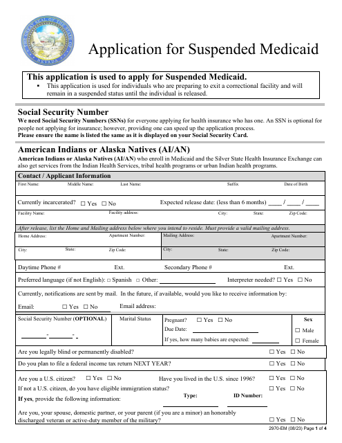 Form 2970-EM Application for Suspended Medicaid - Nevada
