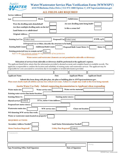 Water / Wastewater Service Plan Verification Form - City of Austin, Texas Download Pdf