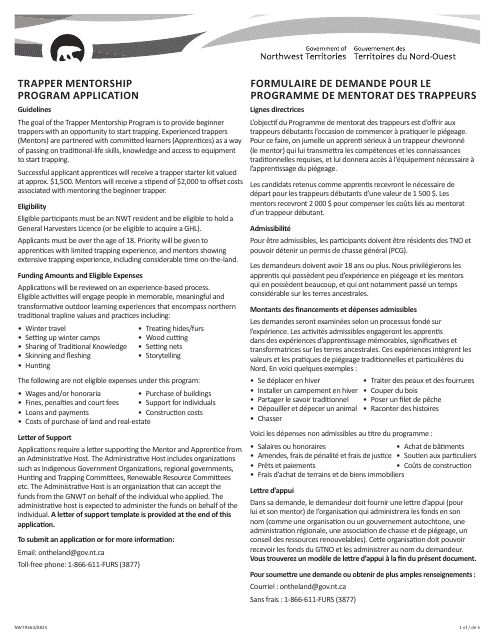 Form NWT9364 Trapper Mentorship Program Application - Northwest Territories, Canada (English/French)