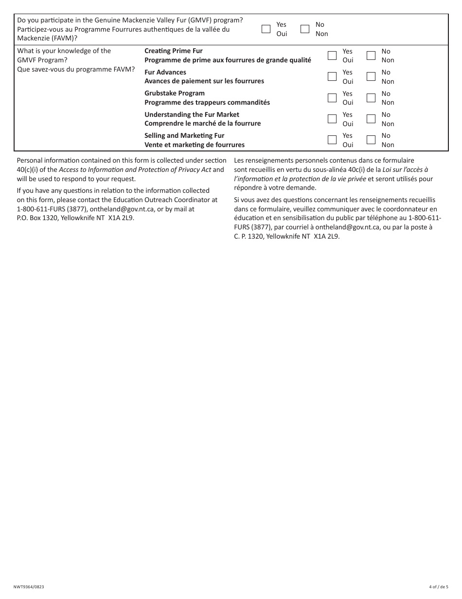 Form NWT9364 Trapper Mentorship Program Application - Northwest Territories, Canada (English / French), Page 4