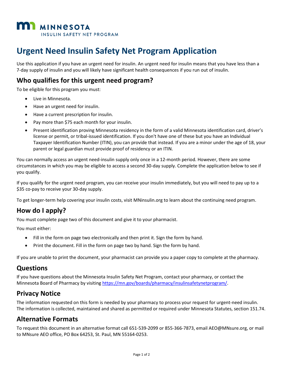 Urgent Need Insulin Safety Net Program Application - Minnesota, Page 1