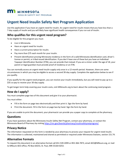 Urgent Need Insulin Safety Net Program Application - Minnesota Download Pdf