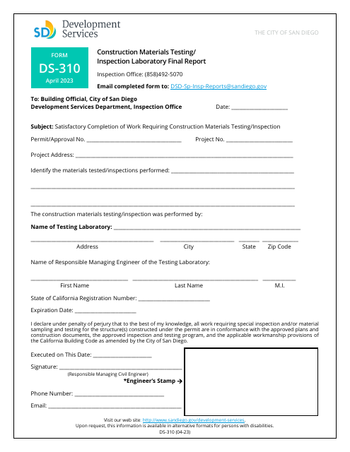 Form DS-310 Construction Materials Testing/Inspection Laboratory Final Report - City of San Diego, California