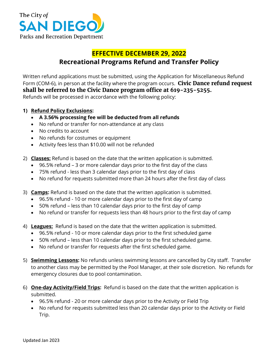 Recreational Programs Refund and Transfer Policy - City of San Diego, California, Page 1