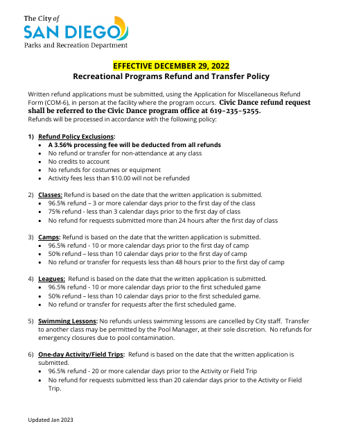 Recreational Programs Refund and Transfer Policy - City of San Diego, California