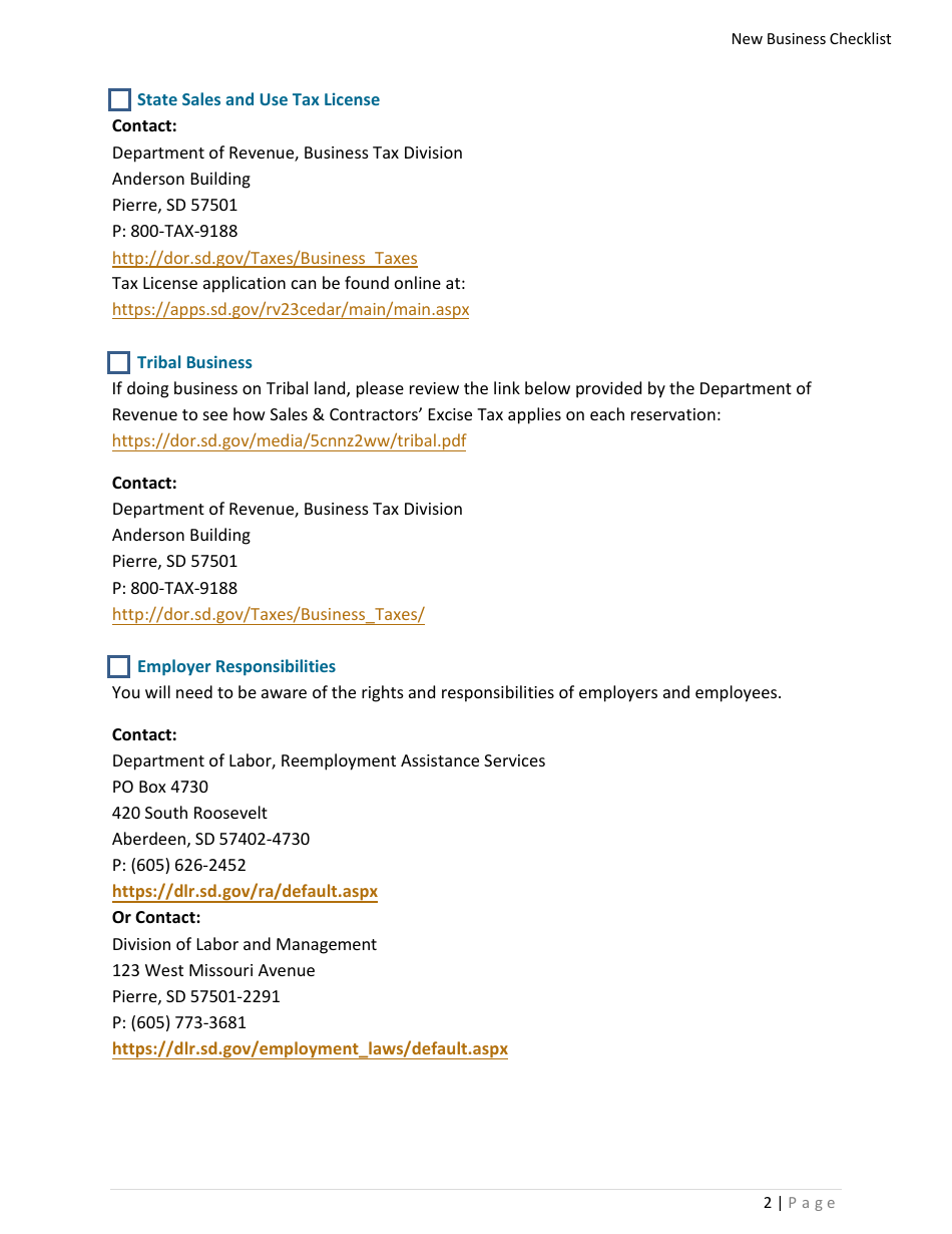 New Business Checklist - South Dakota, Page 2