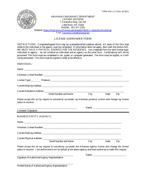 Form AID-LI-LS License Surrender Form - Arkansas