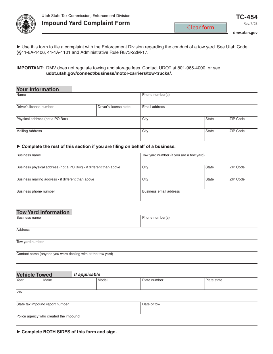 Form TC-454 Impound Yard Complaint Form - Utah, Page 1