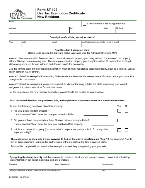 Form ST-102 (EFO00133) Use Tax Exemption Certificate - New Resident - Idaho