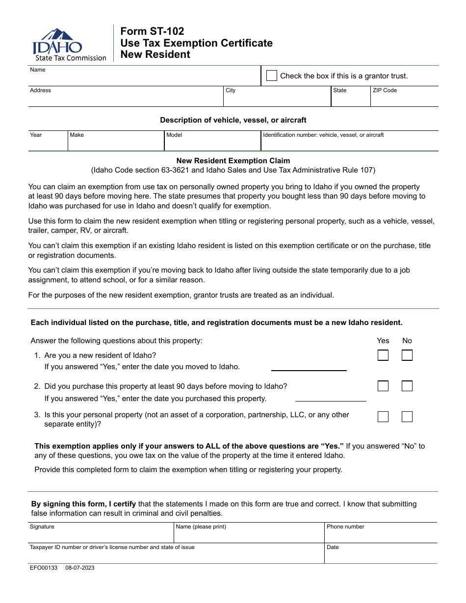 Form ST 102 (EFO00133) Download Fillable PDF or Fill Online Use Tax