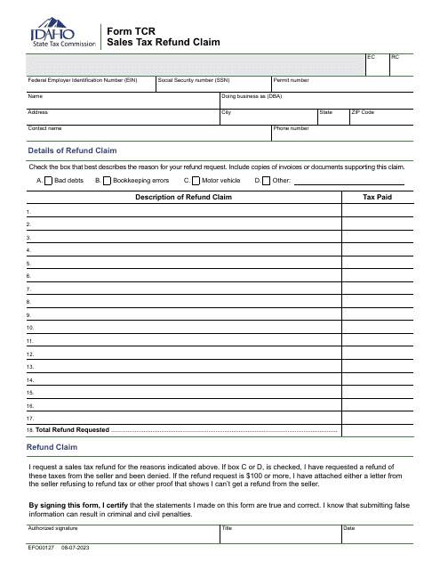 Form TCR (EFO00127)  Printable Pdf