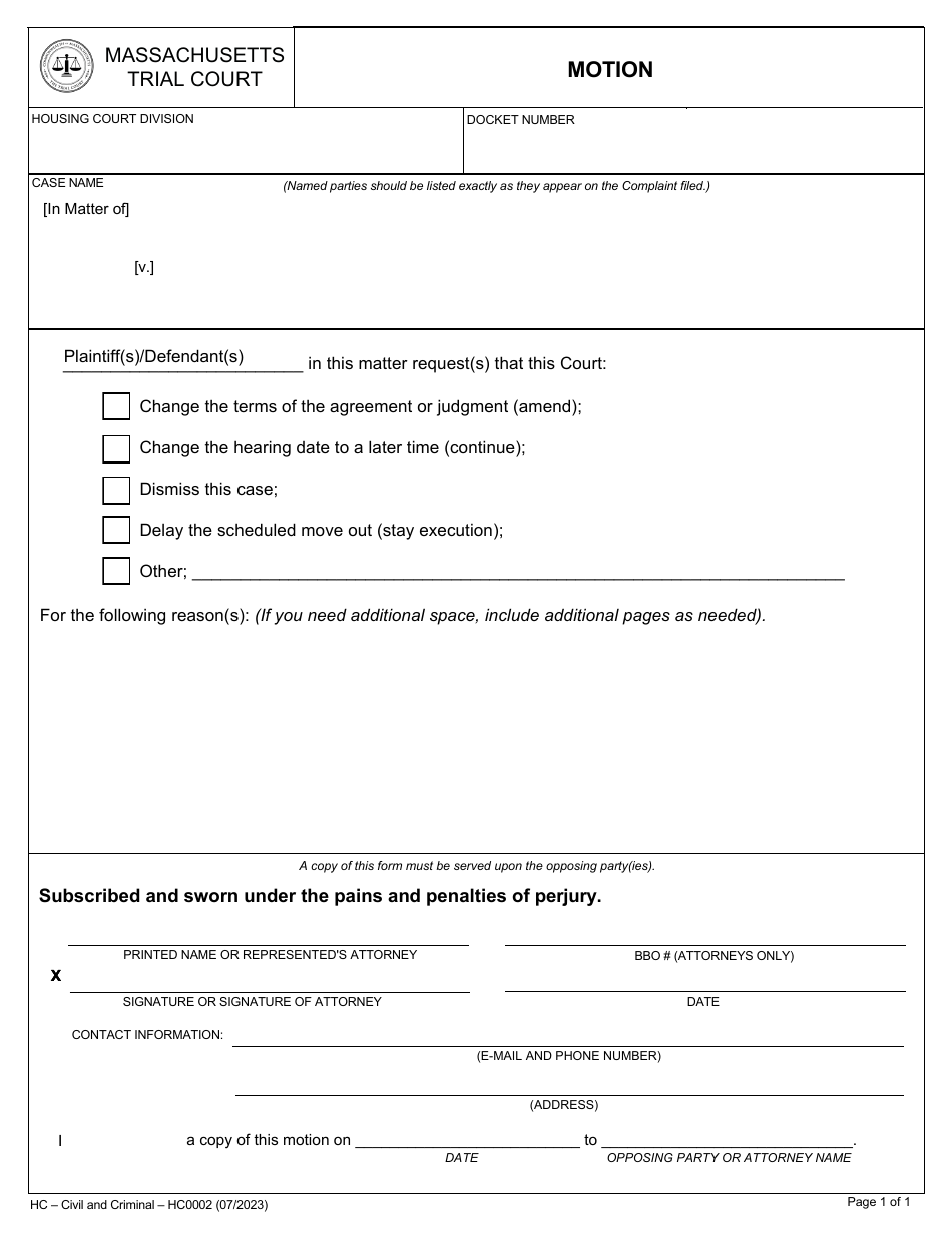 Form HC0002 Motion - Massachusetts, Page 1