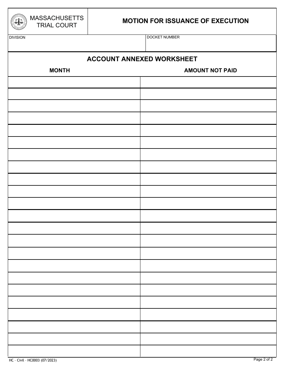 Form HC0003 Motion for Issuance of Execution - Massachusetts, Page 2