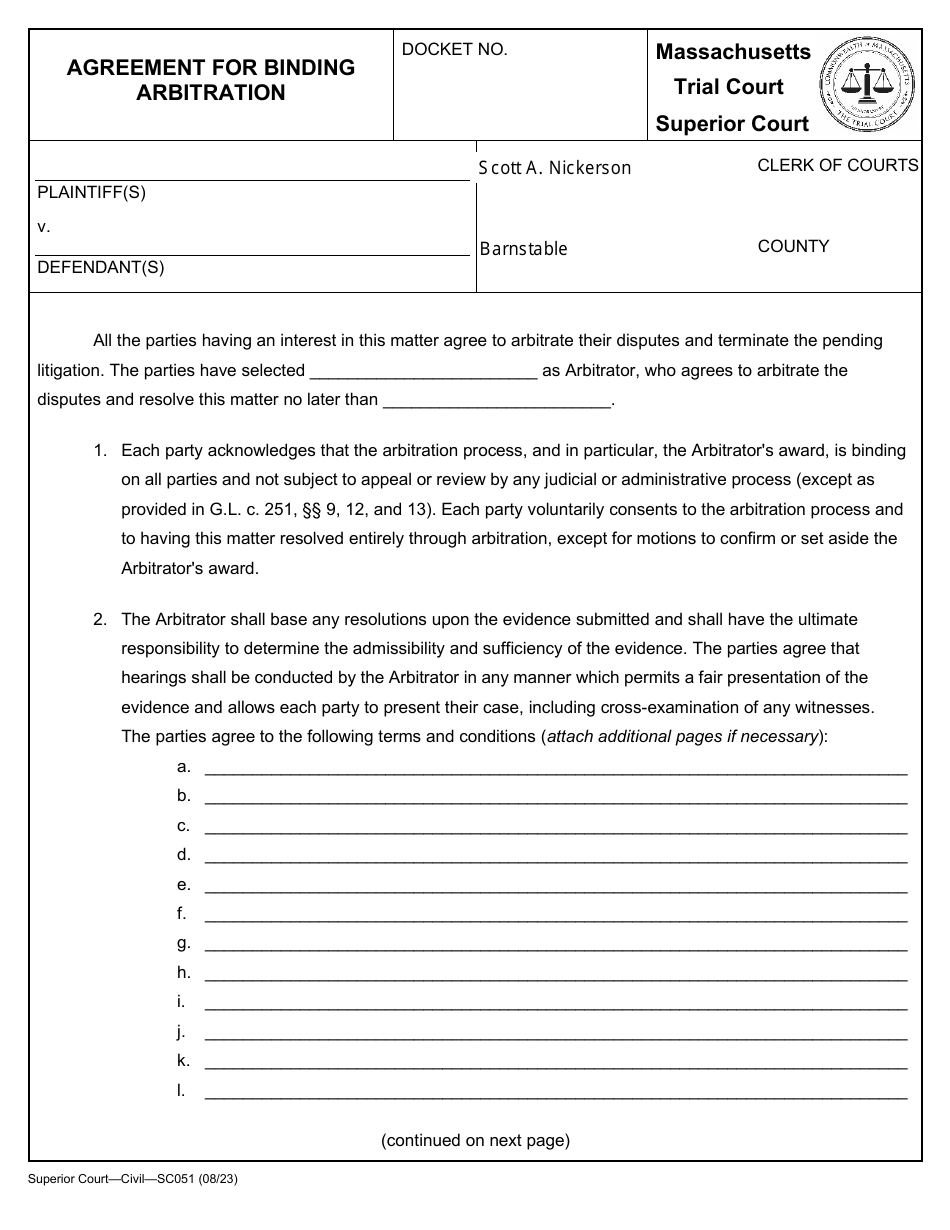 Form SC051 Agreement for Binding Arbitration - Massachusetts, Page 1