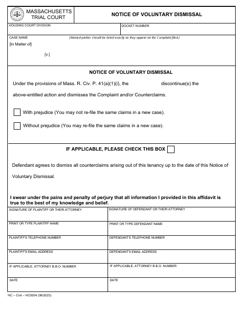 Form HC0004 Notice of Voluntary Dismissal - Massachusetts