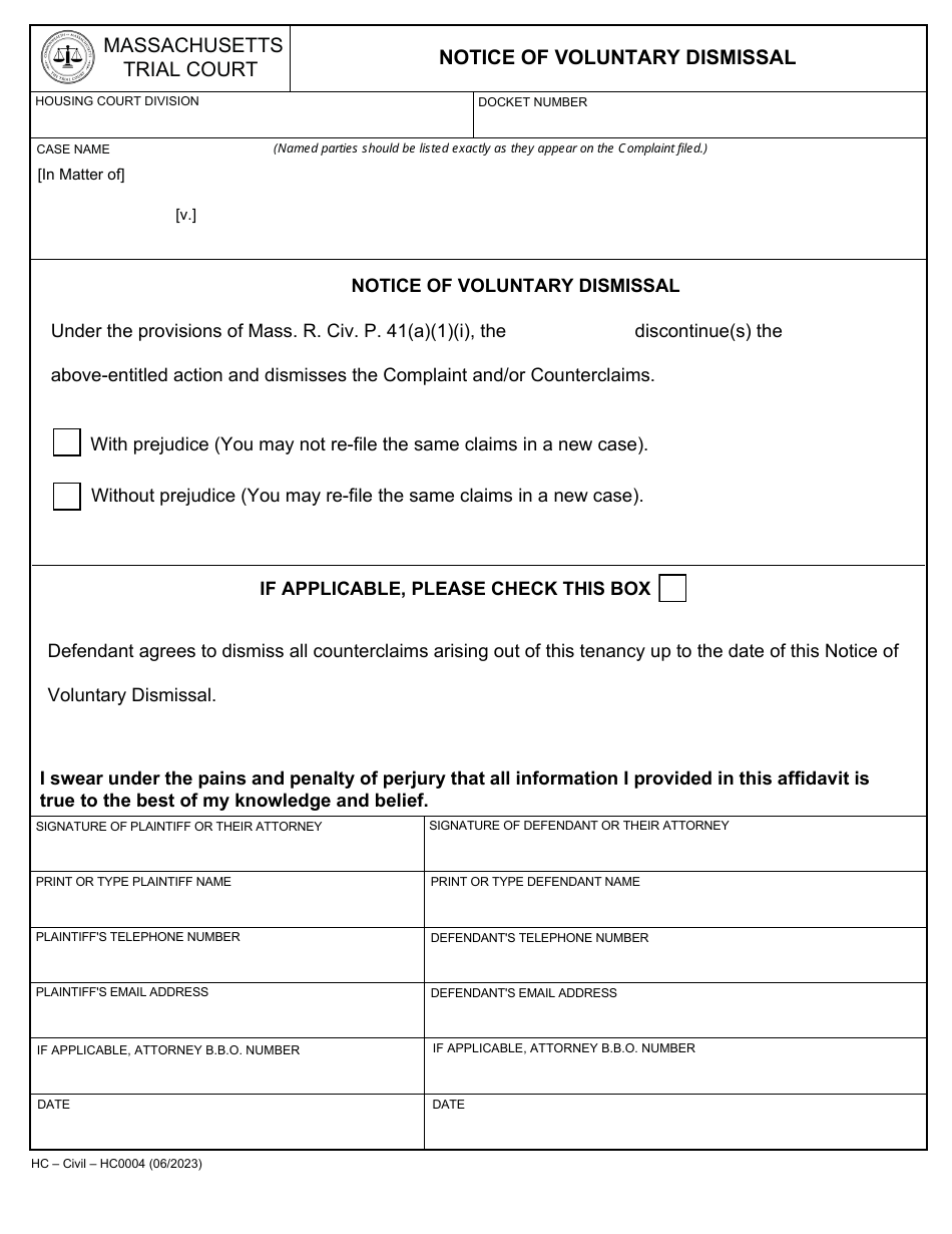 Form HC0004 Notice of Voluntary Dismissal - Massachusetts, Page 1