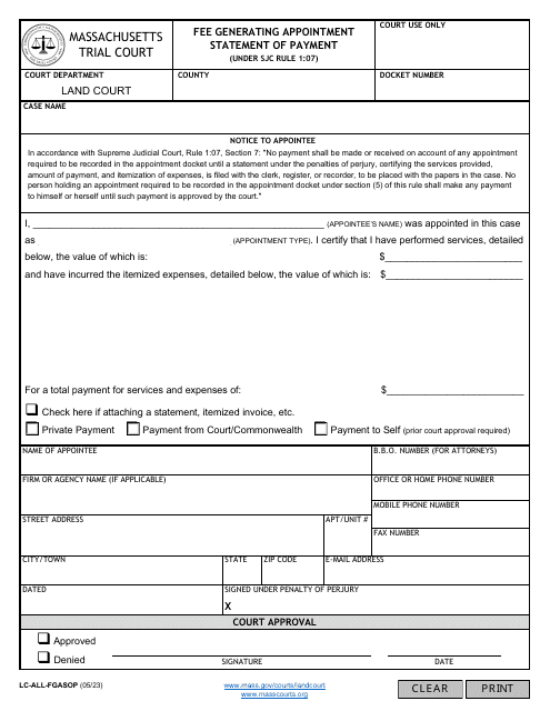 Form LC-ALL-FGASOP Fee Generating Appointment Statement of Payment - Massachusetts