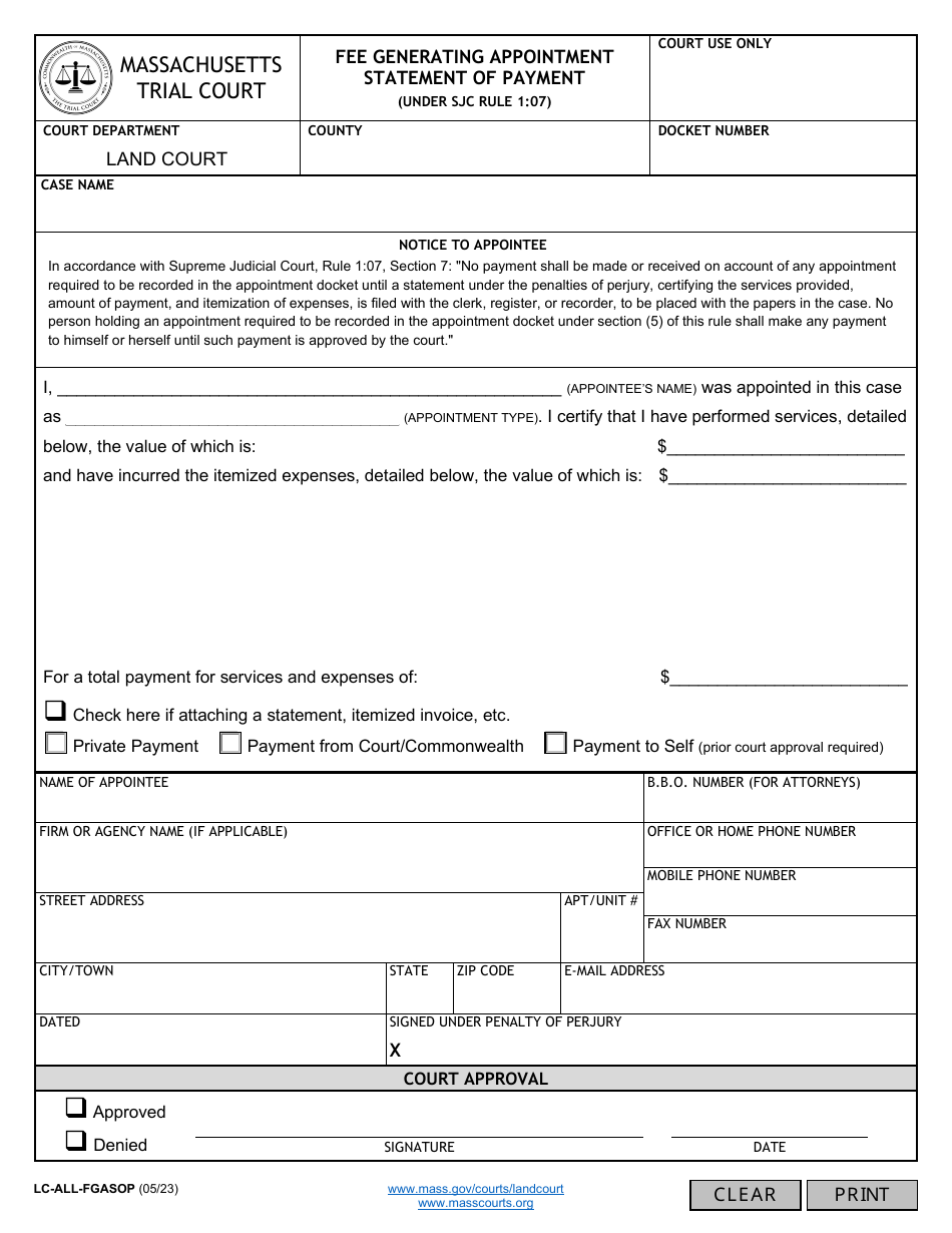 Form LC-ALL-FGASOP Fee Generating Appointment Statement of Payment - Massachusetts, Page 1