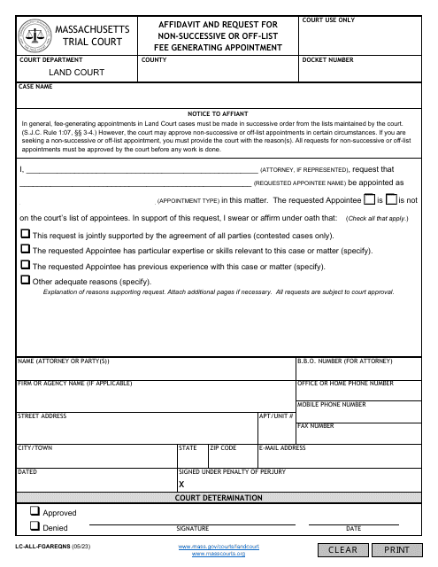 Form LC-ALL-FGAREQNS Affidavit and Request for Non-successive or off-List Fee Generating Appointment - Massachusetts