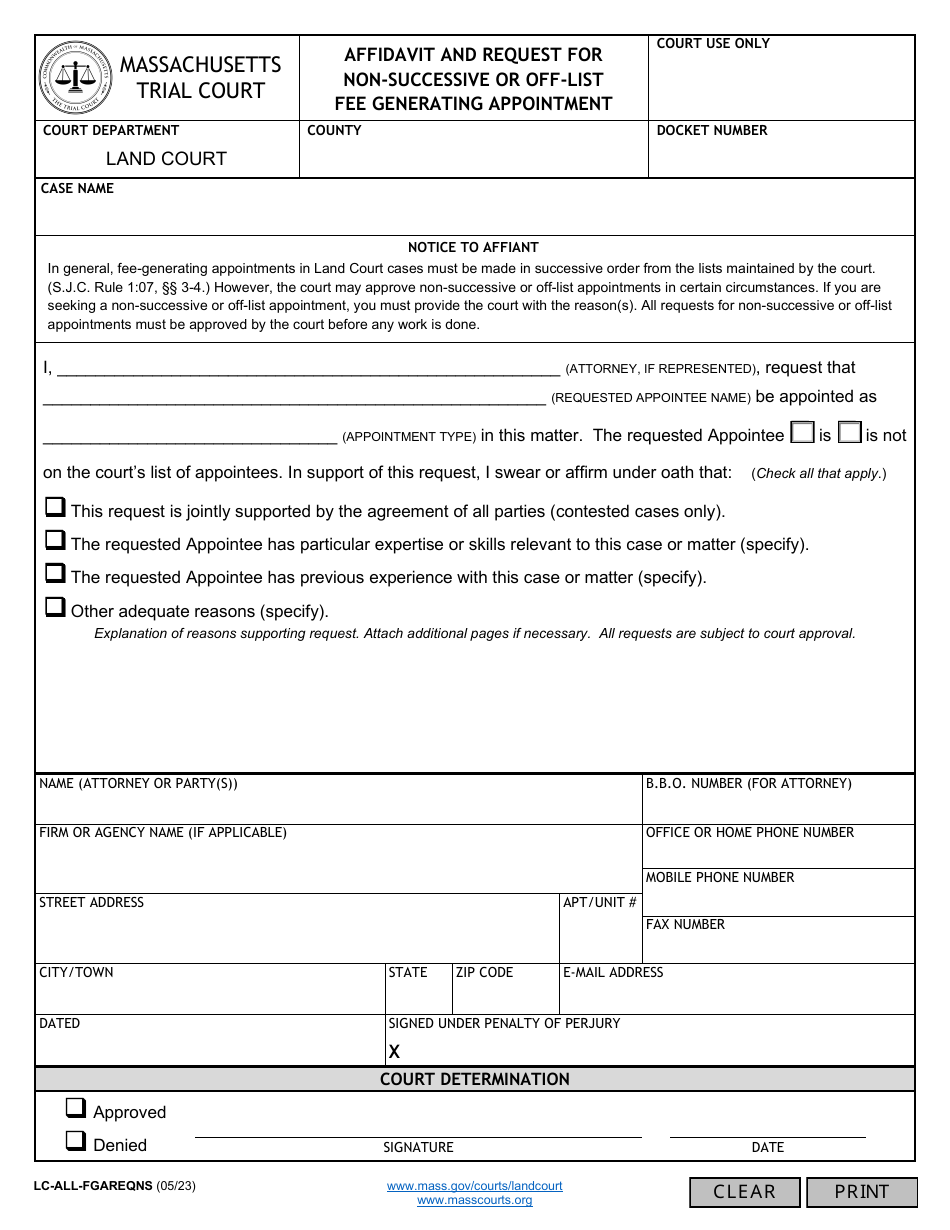 Form LC-ALL-FGAREQNS Affidavit and Request for Non-successive or off-List Fee Generating Appointment - Massachusetts, Page 1