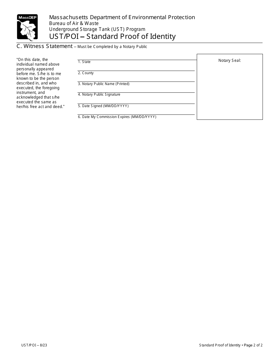 Form UST / POI Standard Proof of Identity - Underground Storage Tank (Ust) Program - Massachusetts, Page 2