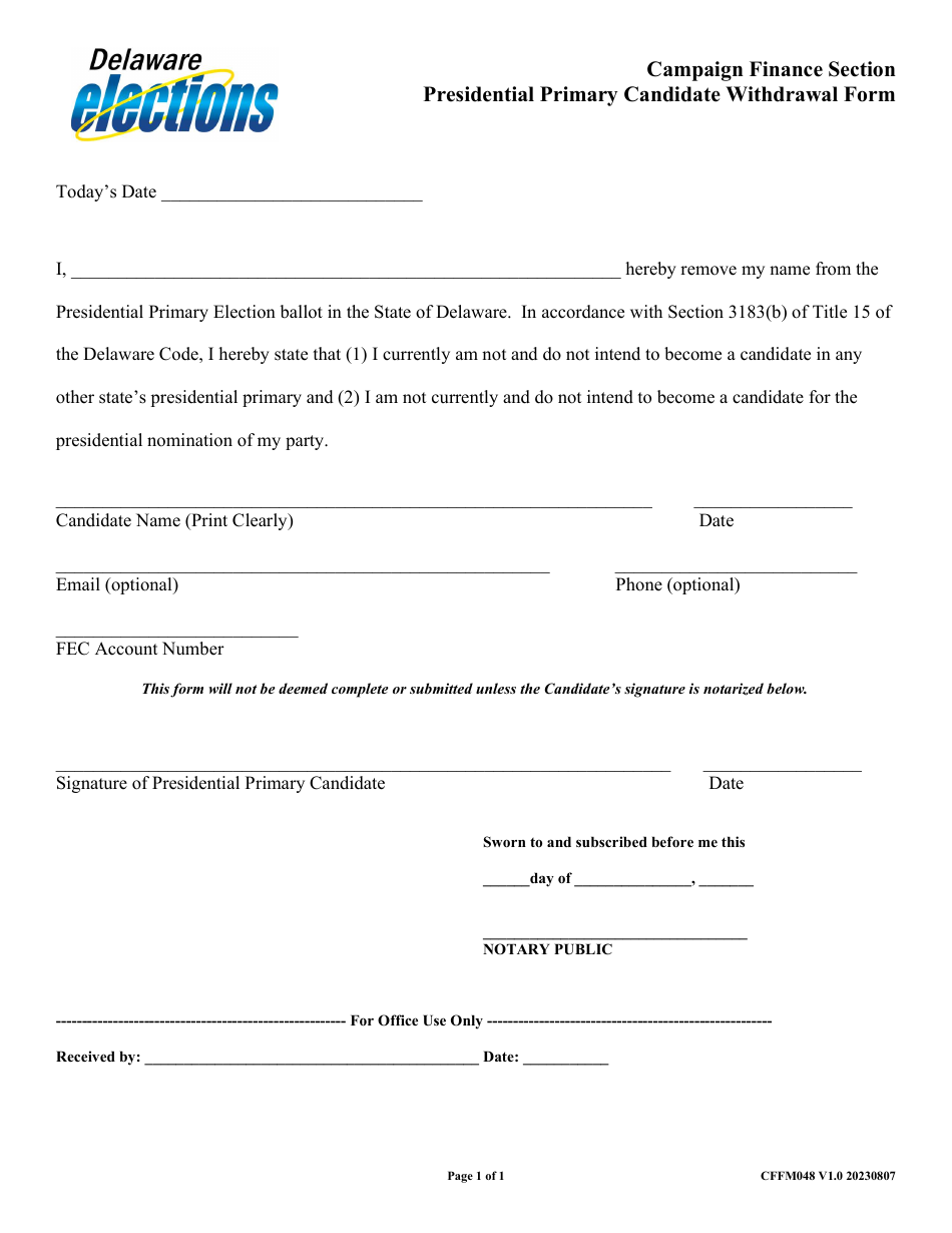 Presidential Primary Candidate Withdrawal Form - Delaware, Page 1