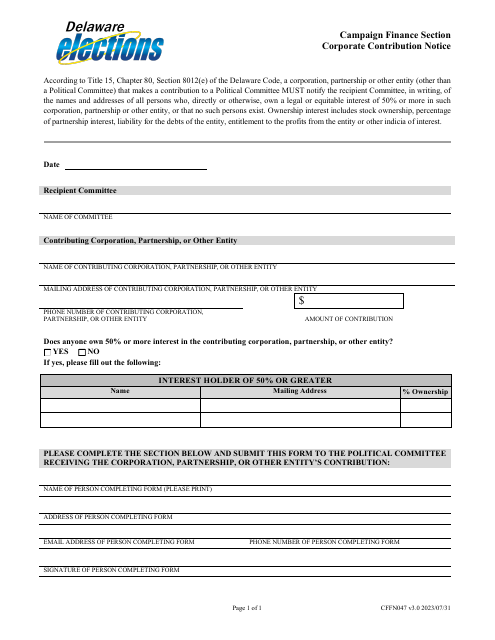 Form CFFN047 Corporate Contribution Notice - Delaware
