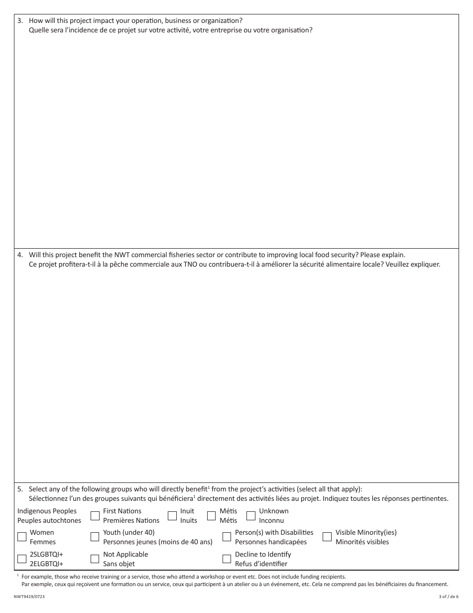 Form NWT9419 Project Application Form - Commercial Fishery Support Program (Pilot Program) - Northwest Territories, Canada (English / French), Page 3
