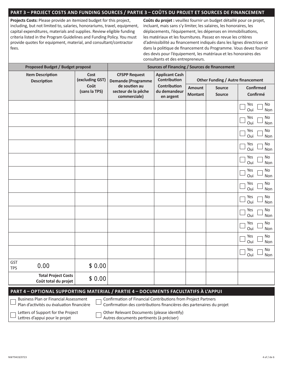 Form NWT9419 Project Application Form - Commercial Fishery Support Program (Pilot Program) - Northwest Territories, Canada (English / French), Page 4
