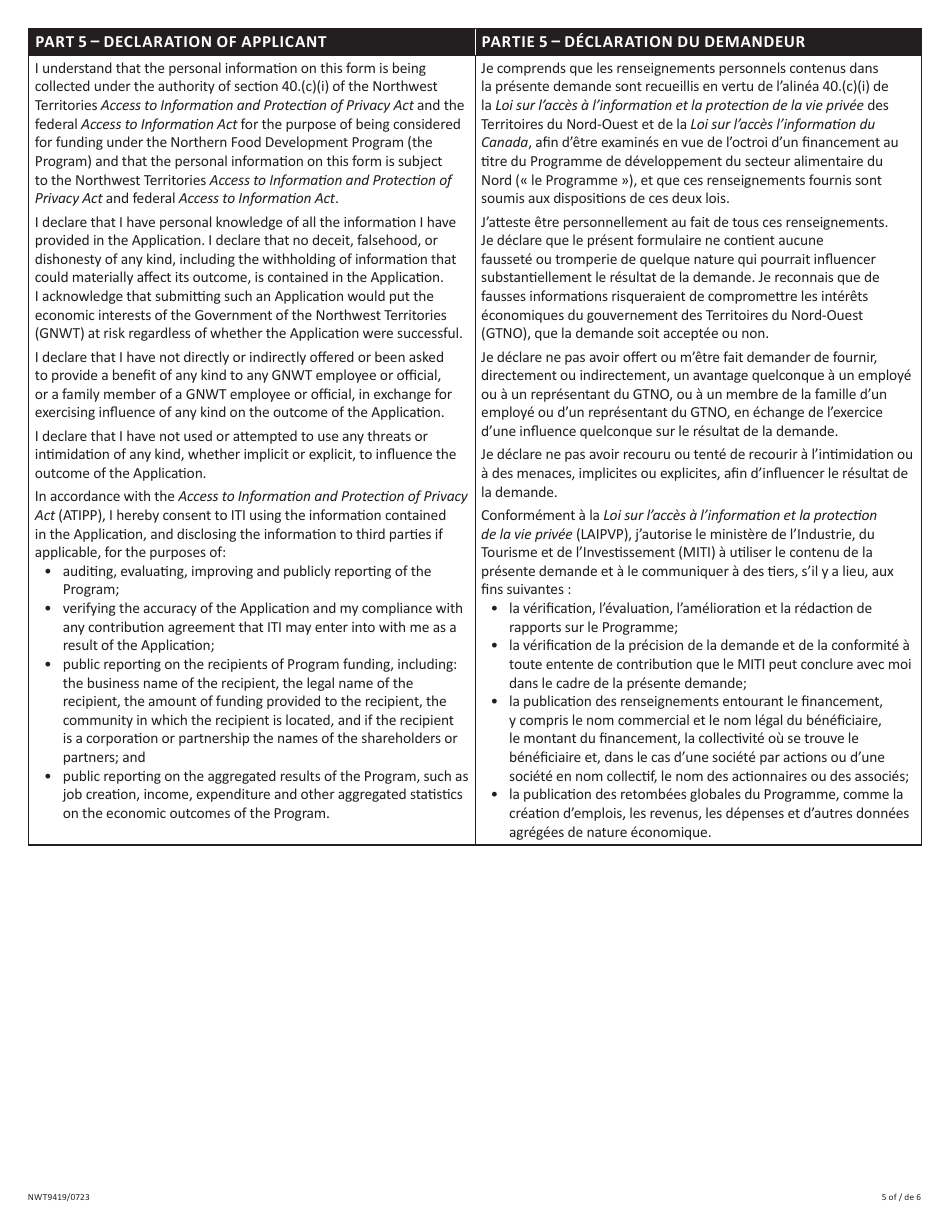 Form NWT9419 Project Application Form - Commercial Fishery Support Program (Pilot Program) - Northwest Territories, Canada (English / French), Page 5