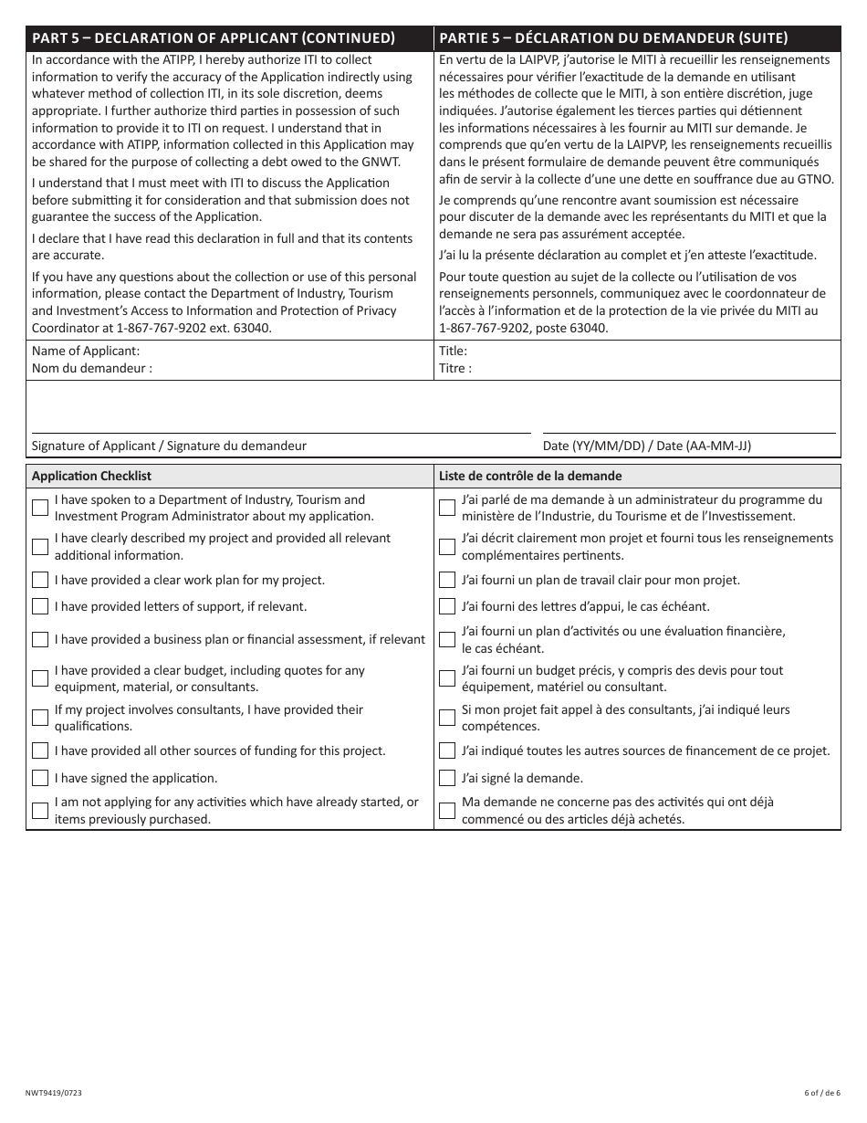 Form NWT9419 Project Application Form - Commercial Fishery Support Program (Pilot Program) - Northwest Territories, Canada (English / French), Page 6