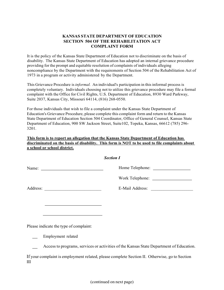 Complaint Form - Section 504 of the Rehabilitation Act - Kansas, Page 1
