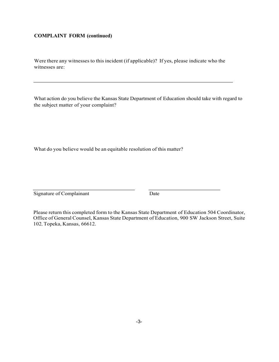 Complaint Form - Section 504 of the Rehabilitation Act - Kansas, Page 3