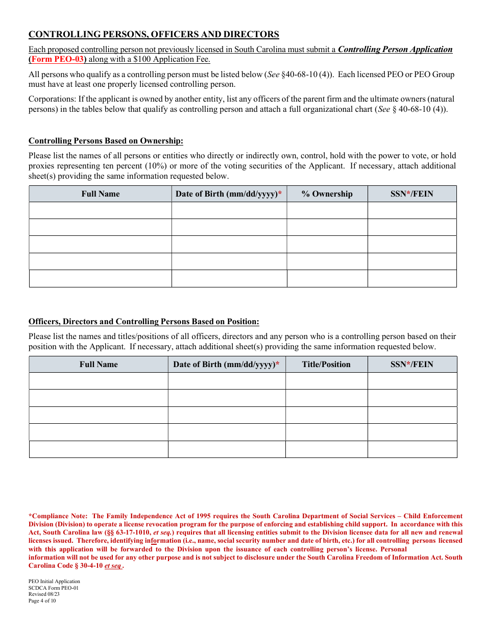 SCDCA Form PEO-01 Professional Employer Organization Initial License Application - South Carolina, Page 4