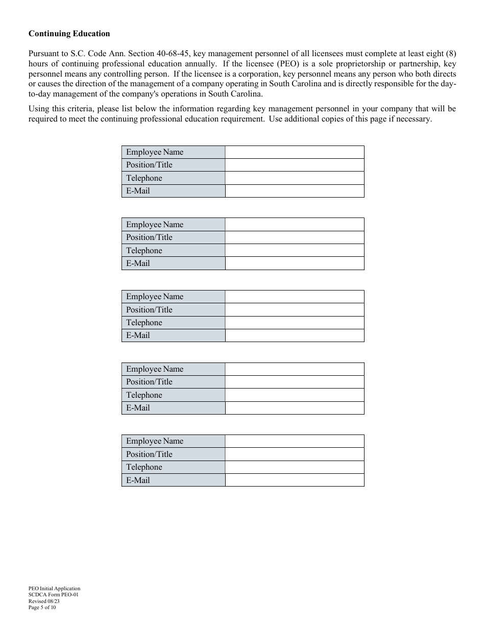 SCDCA Form PEO-01 Professional Employer Organization Initial License Application - South Carolina, Page 5