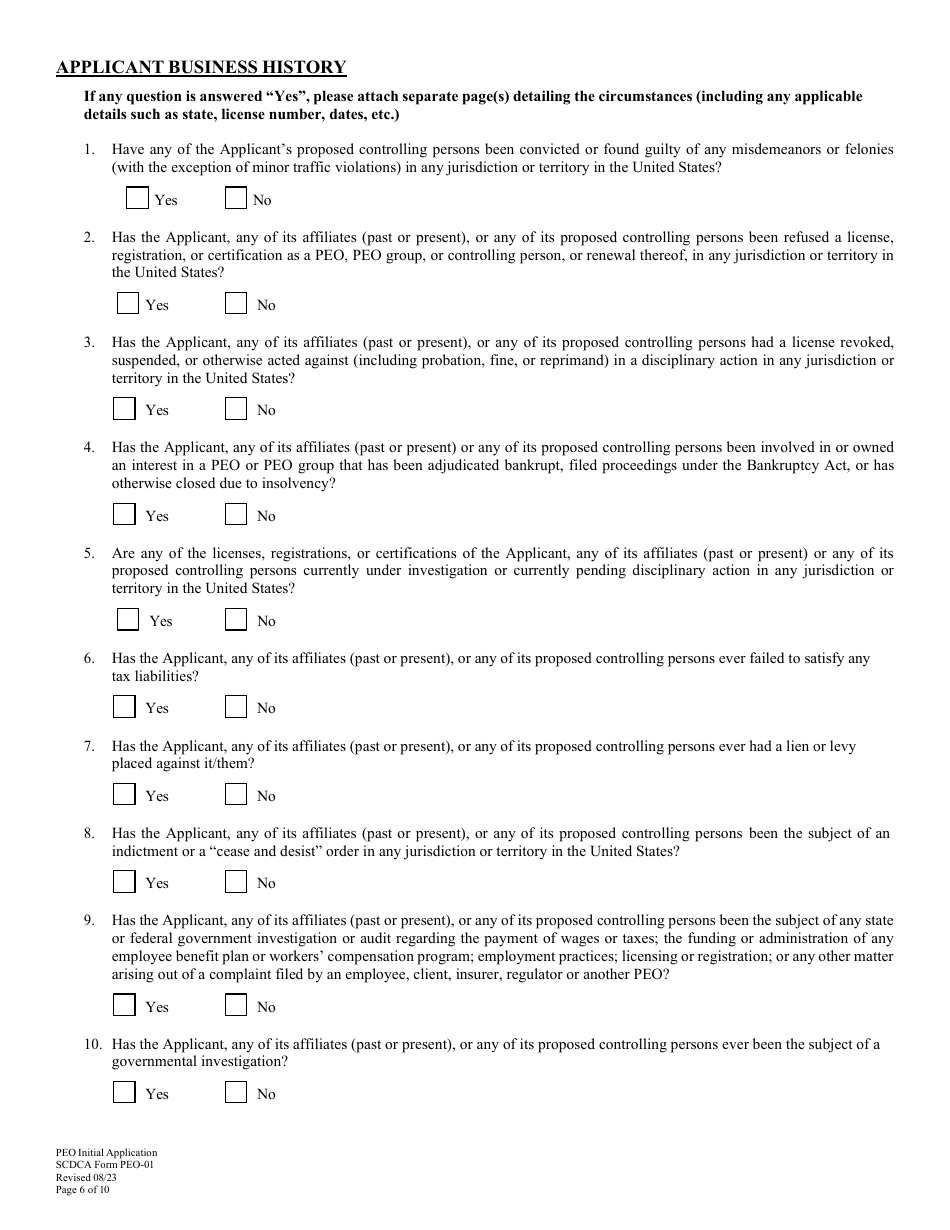SCDCA Form PEO-01 Professional Employer Organization Initial License Application - South Carolina, Page 6