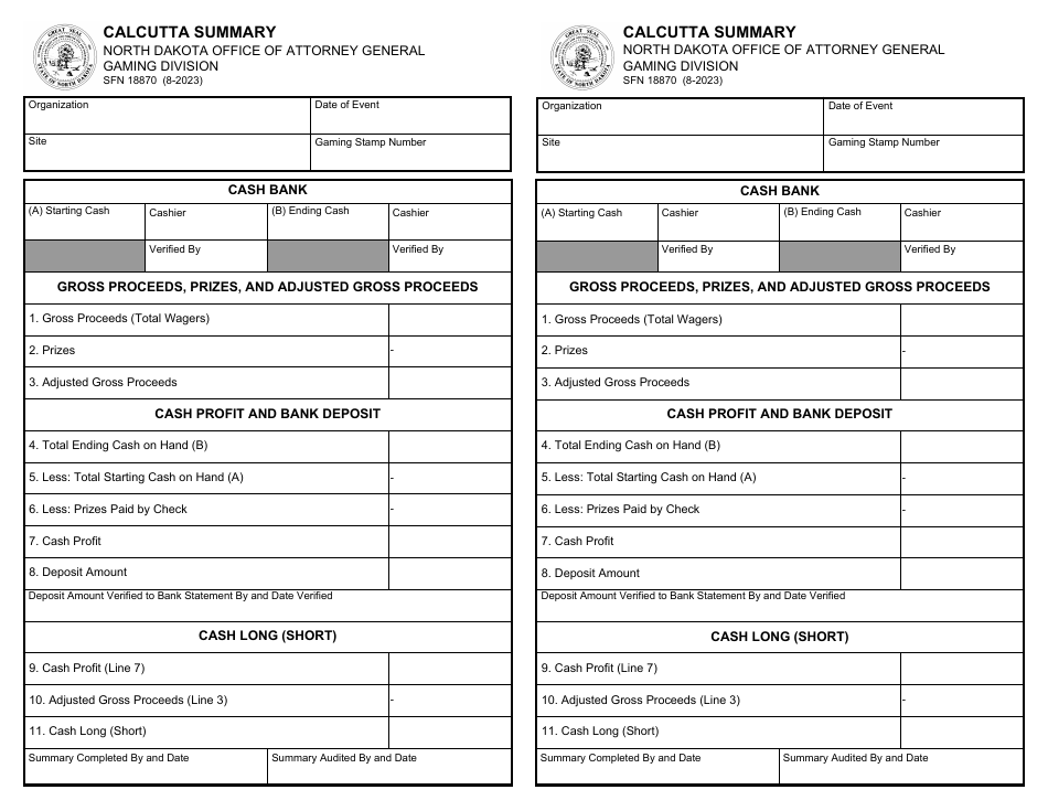 Form SFN18870 Calcutta Summary - North Dakota, Page 1