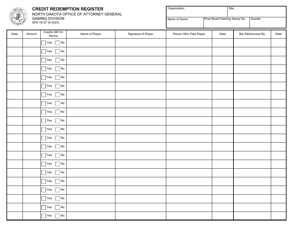 Form SFN18127 Credit Redemption Register - North Dakota, Page 1