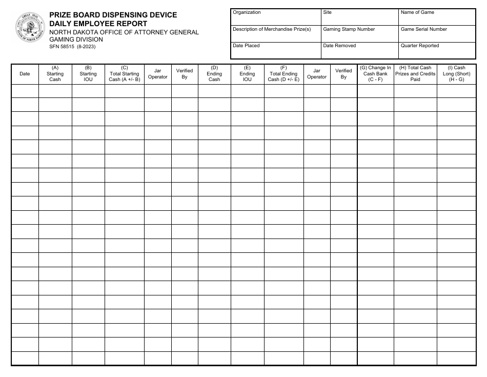 Form SFN58515 Prize Board Dispensing Device Daily Employee Report - North Dakota, Page 1