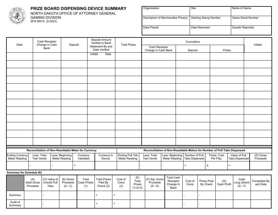 Form SFN58514 Prize Board Dispensing Device Summary - North Dakota, Page 1
