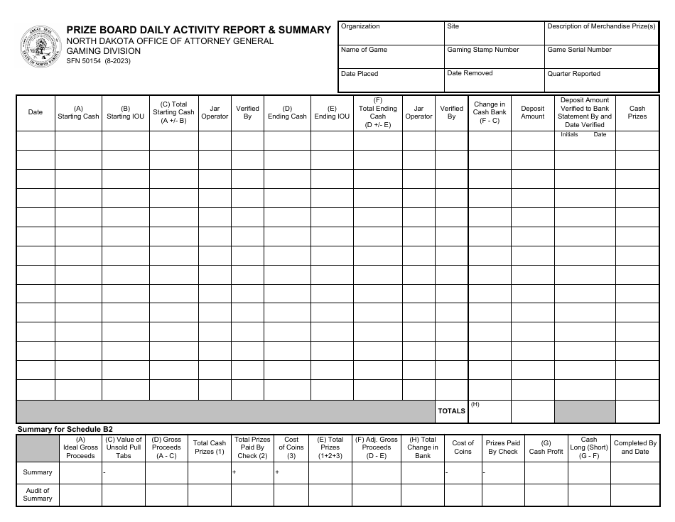 Form SFN50154 Prize Board Daily Activity Report  Summary - North Dakota, Page 1